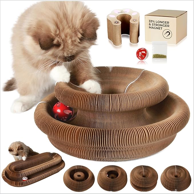 Magic Organ Cat Scratcher with Bell Ball and Catnip - Longer, Stretchier Accordion Cardboard Scratching Pad with 4 Strong Magnets - Interactive Kitty Kurlz Cat Toy