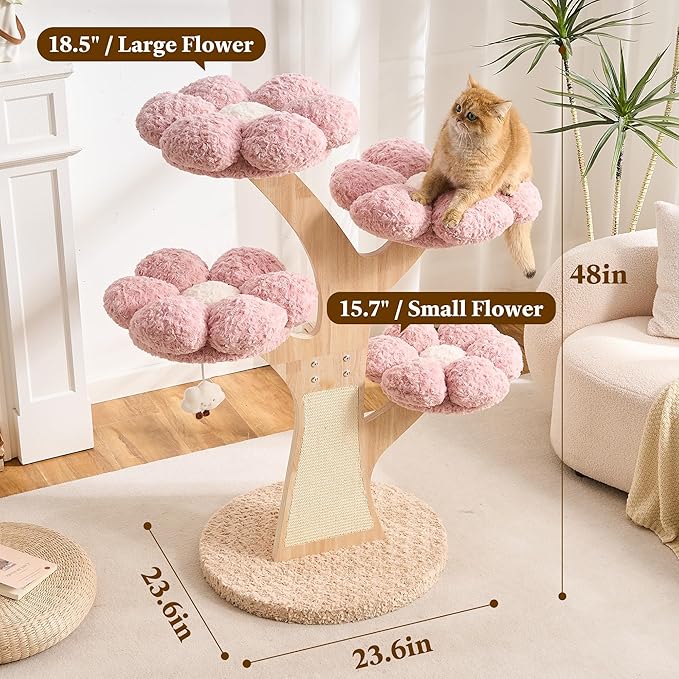 Aesthetic Flower Cat Tree Tower with Scratching Post for Indoor Cats, 48" Modern Cat Tree with Wood Sculpted Branch, Flower Cat Beds, Scratching Board & Interactive Squeaky Toy, Sakura Pink
