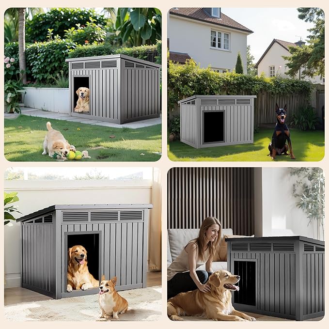 VIXZEN Dog House Outdoor, Indoor Dog House Medium Size Dog with Weatherproof PP Resin Material, Doghouse Outdoor with Openable Roof for Easy Cleaning, Sloped Roof, Air Vents, Easy Assembly (Gray)