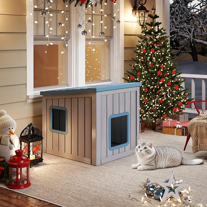 KAMABOKO Outdoor Cat Shelter Weatherproof PP Plastic Cat House for Winter, Insulated Cat Condo for Feral and Outdoor Cats with Waterproof Flat Base for Porch, Backyard, Blue