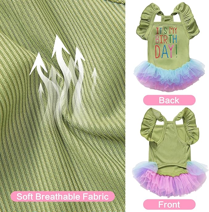 Dog Birthday Dress It's My Birthday Dog Dress Small Doggy Girl's Tutu Dresses Ruffle Sleeless Puppy Clothes Tulle Lace Skirt Pet Costume Cat Outfits (Green, XXS(2.5-4lb))