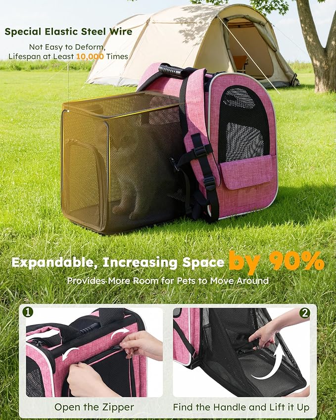 Pecute Cat Backpack Carrier Expandable, Pet Backpack for Cats & Small Dogs Up to 11lbs, with 4-Side Breathable Mesh, Multi-Entry & Lockable Zippers for Travel, Hiking, Camping - Hands Free, Pink