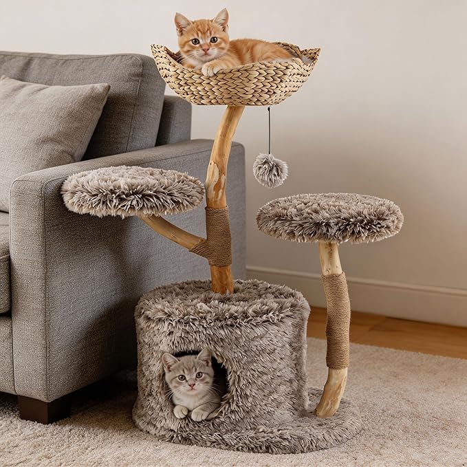 PETSITE 41.5 Inch Wood Cat Tree, Multi-Level Real Pear Wood Modern Cat Tower with Jute Scratching Posts, Dangling Ball, Cozy Top Cattail Perch, 2 Jumping Platforms, Cat Condo, Soft Long Plush Covered