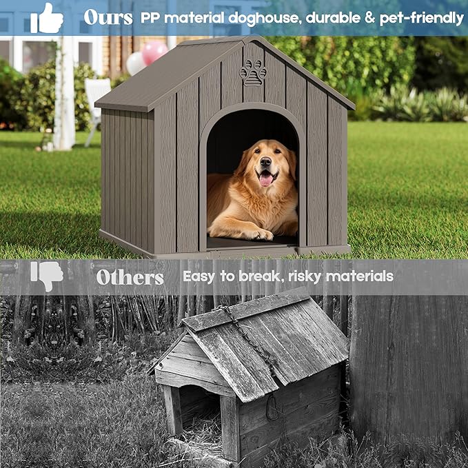 Fancyango Large Dog House Outdoor Indoor, Sturdy Plastic Waterproof Doghouse with Air Vents and Elevated Floor, Easy Clean and Assemble for Medium Large Dogs (Classic Grey, 36.2''L×38''W×38''H)