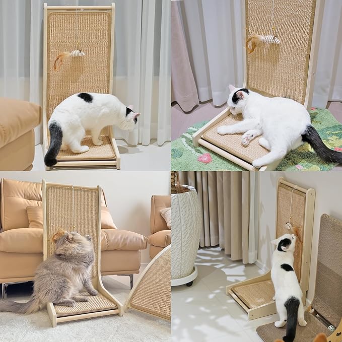 Meeyoview Vertical Sisal Cat Scratcher, 27.5'' L Shape Scratching Post, Upright Scratching Pad for Indoor Cats, Solid Wooden Furniture Protector with Catnip