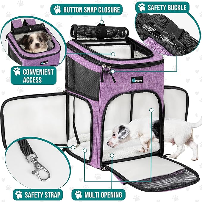 PetAmi Dog Backpack Carrier, Airline Approved Cat Backpacks for Carrying Small Large Cats, Pet Carrier Back Pack, Ventilated Soft Sided for Travel, Hiking, Camping, Max 18 lbs, Purple