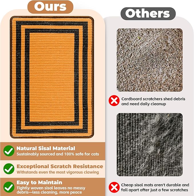 Cat Scratcher Mat, 23.6x15.7 Inch Natural Sisal Cat Scratch Pad, Horizontal Cat Scratching Pad Rug for Indoor Cats with Sticky Tapes, Protect Couch & Carpets（Brown Black）