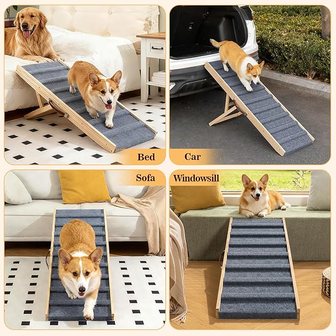 Dog Ramp for Bed, 43.3" Long Wooden Pet Ramp for Small & Large Dogs, 4 Adjustable Heights 12.6" to 24" with Anti-Slip Carpet & Carrying Handle Holds, Portable Dog ramps for Car, Bed, Couch, Outdoo