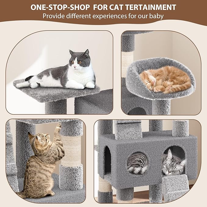 Cat Tree, Tall Cat Tower Condo for Indoor Large Cats, Cat House Furniture with Padded Plush Perch Sisal Scratching Posts (Grey, 63 * 19.7 * 19.7 in)