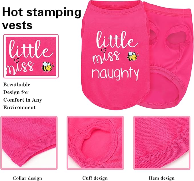 Pink Cotton Dog Shirt with 'Little Miss Naughty' Bee Print, Soft & Breathable Pet Apparel for Small to Large Dogs, All-Season Sleeveless Vest, Cute and Comfortable Dog Outfit.Pink M