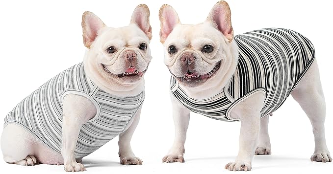 Dog Shirts Vest Cotton Striped T-Shirt, Sleeveless Stretchy Pet Clothes for Small Dogs, 2-Pack Soft Breathable Puppy Tank Top Cat Tee (Medium, Black,Gray)