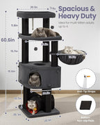 Heavy Duty Cat Tree for Large Cats Adult - 60 Inch XXL Sturdy Cat Tower Condo with Extra Wide Scratching Posts (φ4.4in) Big Cat House Hammock Perch - Indoor Wood Modern Multi Level Corner Cat Bed