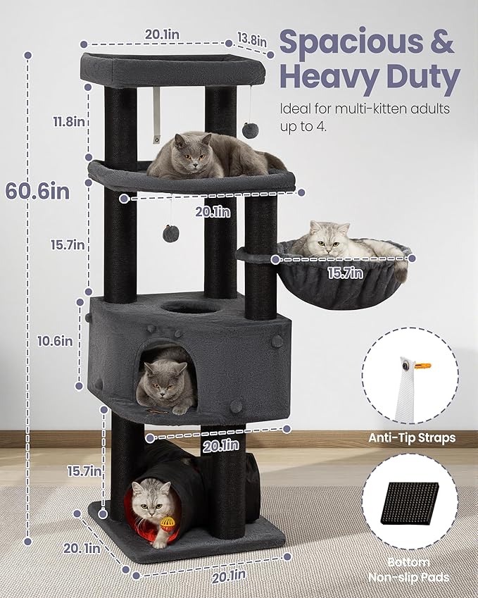 Heavy Duty Cat Tree for Large Cats Adult - 60 Inch XXL Sturdy Cat Tower Condo with Extra Wide Scratching Posts (φ4.4in) Big Cat House Hammock Perch - Indoor Wood Modern Multi Level Corner Cat Bed