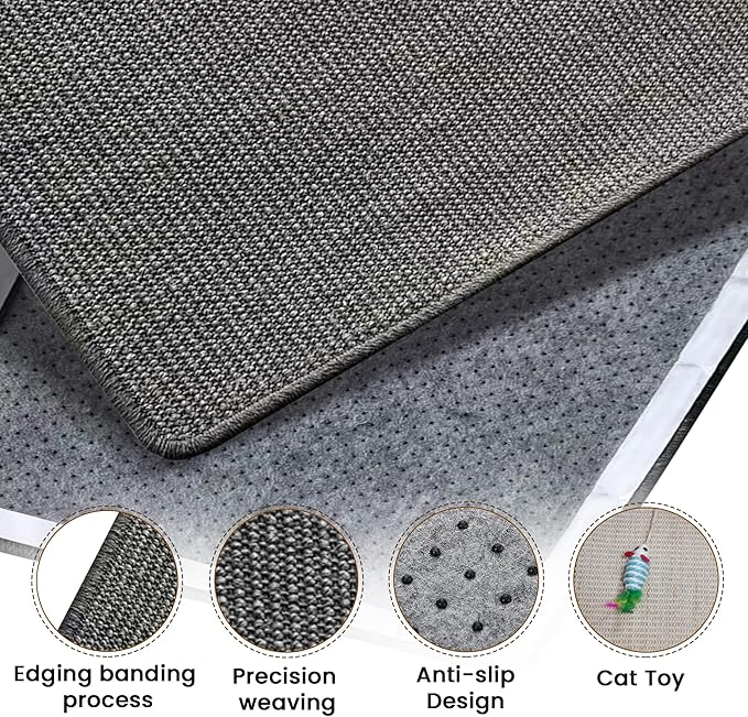 Cat Scratcher mat- Natural Sisal Cat Mat with Anti-Slip Back & Attached Sisal Mouse Toy (Gray)