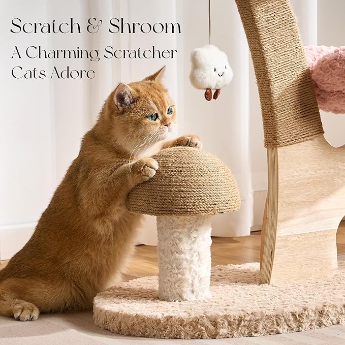 797Audio Flower Cat Tree, 37" Wood Branch Cat Tower, Pink Cloud Cat Tree with Scratching Post for Indoor Adult Cats, Luxury Cat Tree with Mushroom Cat Scratcher & Interactive Squeaky Toy