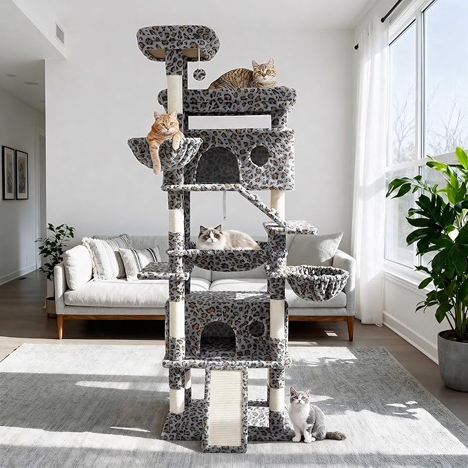 80 Inch Cat Tree, Large Cat Tower with 9 Scratching Posts, 2 Perches, 2 Caves, 2 Basket, 2 Stairs, Extra Large Hammock, Multi-Level Plush Cat Condo for Indoor Cats/Grey Leopard Print