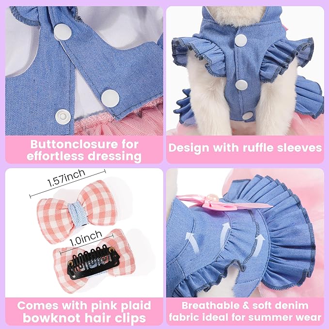 Dog Dress, Fashion Puppy Tutu Princess Dresses for Small Dogs Girl, Sweet Skirt with Dog Bowknot Clips, Spring Dog Cat Clothes Pet Apparel (Denim Princess Dress, X-Small)