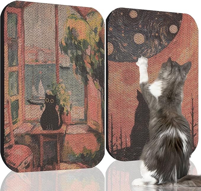 2 Pack Art Cat Scratcher, Wall-Mountable Cat Scratch Pad, Cat Wall Scratcher 16.7x11x1 Inch Cat Scratching Board for Indoor Cats Toy(Window & Starry Night)