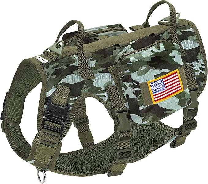Forestpaw Dog Harness for Large Dogs,Tactical Dog Harness with Handle,No Pull Military Service Dog Vest with Pockets Adjustable for Walking Training,Camo Green,Chest 21.5-45"