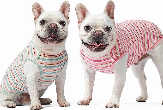 Dog Shirts Vest Cotton Striped T-Shirt, Sleeveless Stretchy Pet Clothes for Small Dogs, 2-Pack Soft Breathable Puppy Tank Top Cat Tee (XX-Large, Pink,Rose)
