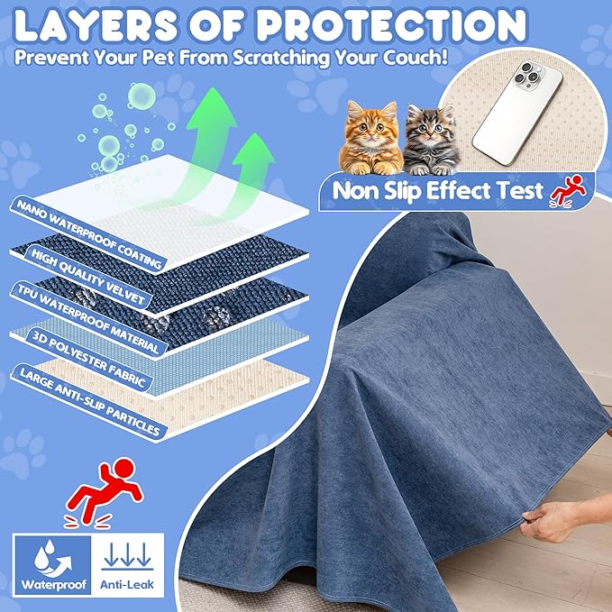 Cat Scratch Furniture Protector - Anti-Slip, Waterproof Sofa Cover to Keep Cats Off, Pet-Friendly Couch Protectors for 3 Cushion Couch, Anti-Scratch Couch Cover for Pets and Kids 134"X71"Navy Blue