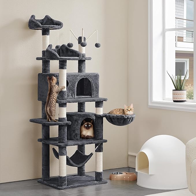 Topeakmart Cat Tree for Indoor Cats, 67in Cat Tower, Multi-Level Cat Play House with Condos & Scratching Posts & Hammock & Basket & Dangling Ball, Dark Gray