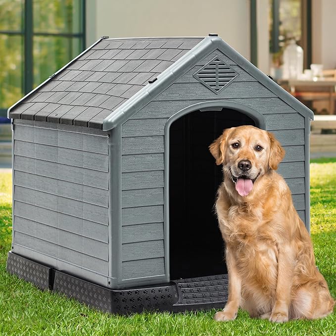 YITAHOME Plastic Dog House, Waterproof Indoor Outdoor Doghouse for Large or Small Dog, with Air Vents and Elevated Floor, Easy Assemble and Clean