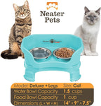 Neater Feeder Deluxe Mess-Proof Elevated Cat Bowls, 2 Height Adjustable (6” & 7.5”) No-Spill Raised Cat Bowl Stand, Whisker Friendly Stainless Steel Dishes for Indoor Cats, Made in USA, Aquamarine