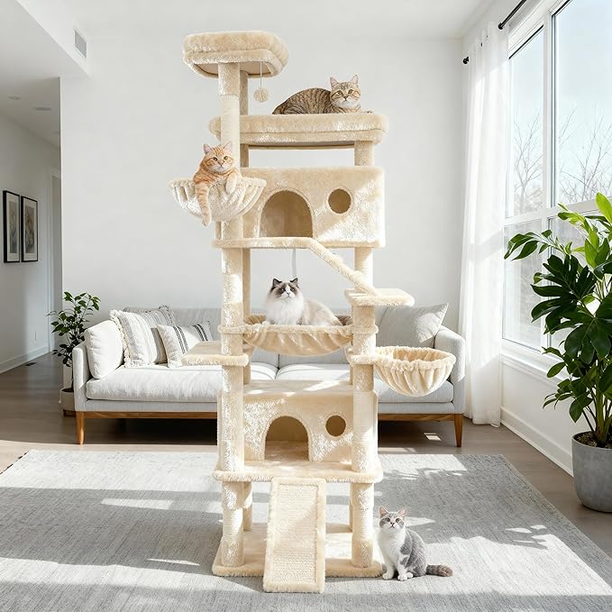 80 Inch Cat Tree, Large Cat Tower with 9 Scratching Posts, 2 Perches, 2 Caves, 2 Basket, 2 Stairs, Extra Large Hammock, Multi-Level Plush Cat Condo for Indoor Cats/Beige