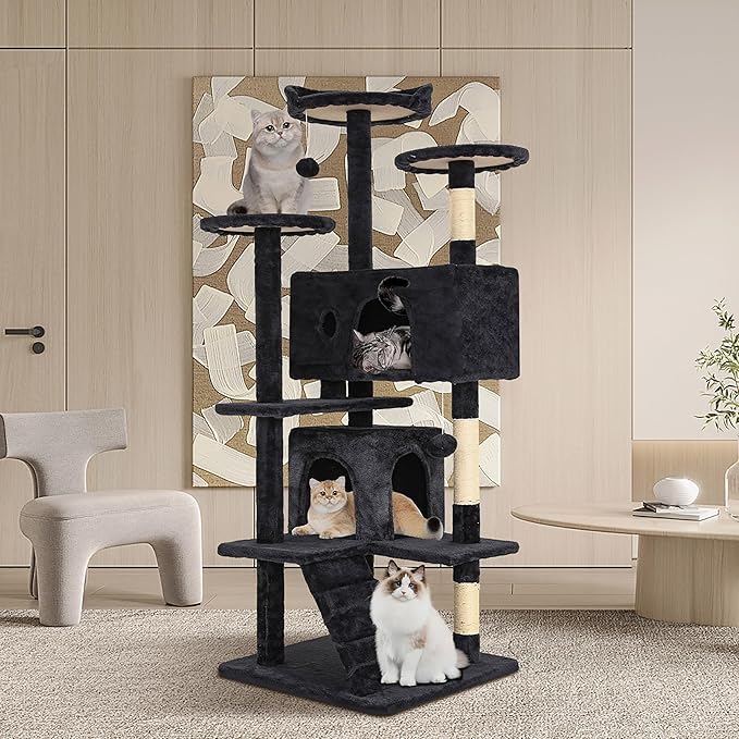 24/7 Shop at Home Court 54 inch Multi-Level Cute Cat Tree Tower with Dangling Ball and Scratching Posts for Indoor Cats Adults, Kitten Supplies, Pet House, Dark Gray