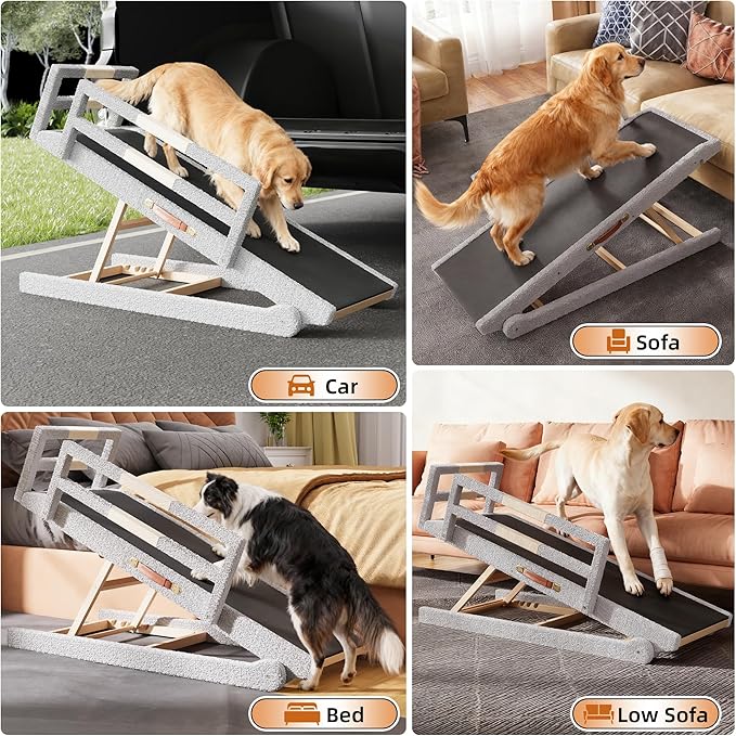 Dog Ramp for High Bed – 63" Super-Long Wooden Ramp with Soft Plush Fabric Cover & Safety Rails 18”–32”Adjustable Heights for Tall Beds, Non-Slip Wide 17.7" Platform – Ideal for Large & Senior Dogs