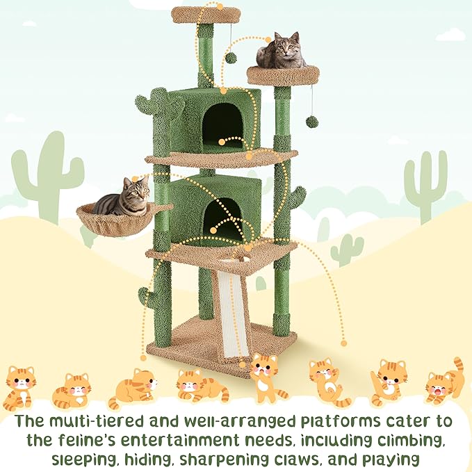 Yaheetech Cactus Cat Tree, 66?H Cat Tower for Indoor Cats, Multi-Level Cat Tree with Large Condos & Ramp, Pet Play House with Padded Perch, Platforms, Basket & Hanging Ball, Green/Brown