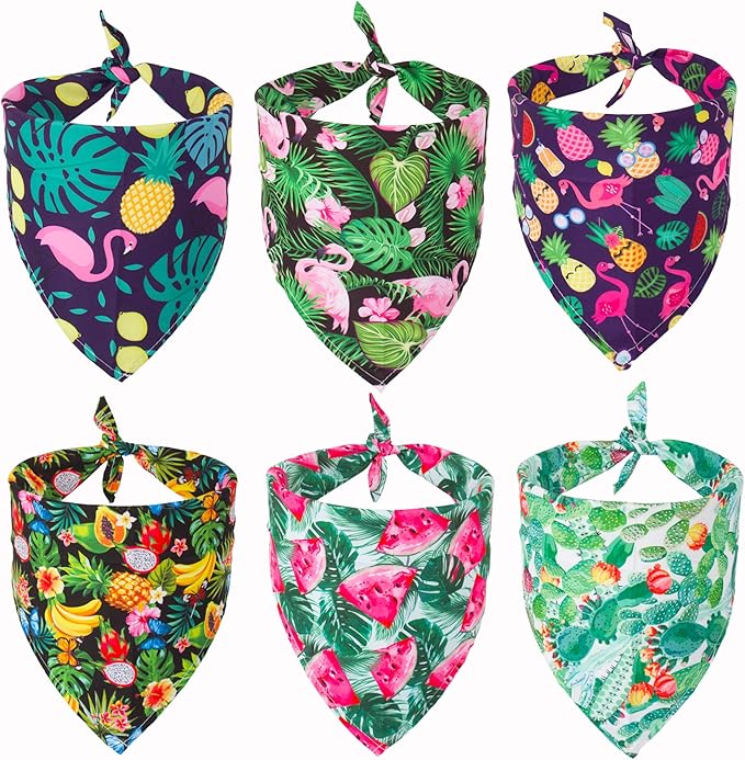 ADOGGYGO Summer Hawaii Dog Bandana, 6 Pack Flamingo & Fruit Pattern Triangle Summer Bandanas for Extra Large Dogs Pets (X-Large)