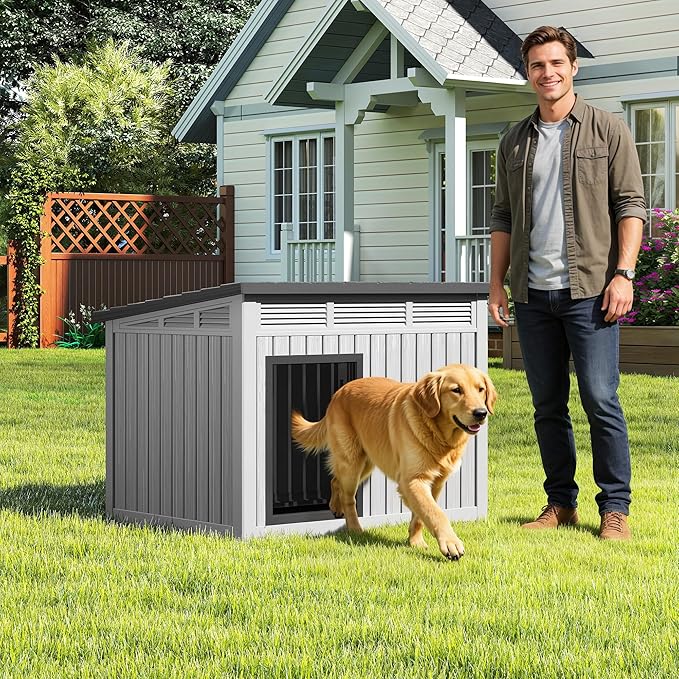 Bifanuo Dog House Outdoor Indoor for Large Dog - Weatherproof & Removable Roof, Easy Assemble and Clean for Medium to Large Dogs(Grey, 41.2" L x 31" W x 31.5" H)