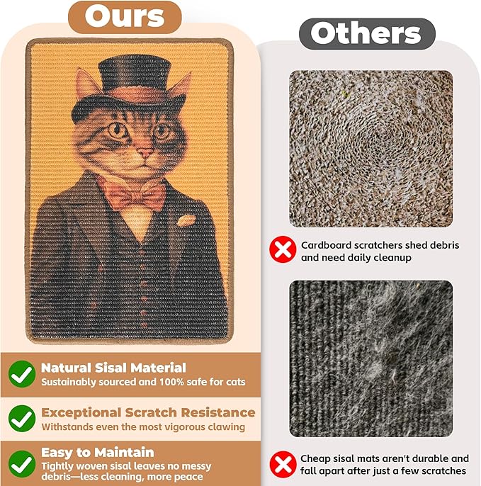 Sisal Cat Scratcher Mat, Cat Wall Scratcher for Indoor Cats, 23.6x15.7 Inch Cat Scratch Pad with Hook & Loop, Wall Mounted Cat Scratching Post to Protect Couch and Carpet（Gentle Cat）