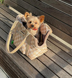 Cleverpup Transit Tote Dog Carrier for Small Dogs up to 8 lbs, 16x11x8 Soft-Sided 4-Pc Set with Waterproof Base, Plush Insert, Food Pouch, Mesh Head Opening - Small, Checkerboard