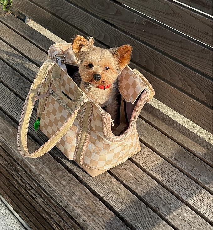 Cleverpup Transit Tote Dog Carrier for Small Dogs up to 8 lbs, 16x11x8 Soft-Sided 4-Pc Set with Waterproof Base, Plush Insert, Food Pouch, Mesh Head Opening - Small, Checkerboard