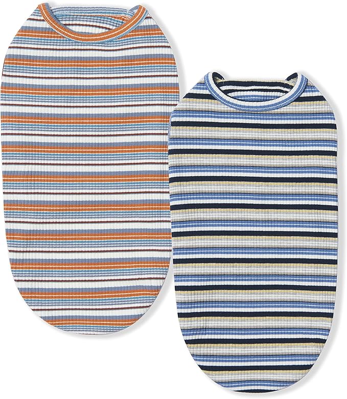 Dog Shirts Vest Cotton Striped T-Shirt, Sleeveless Stretchy Pet Clothes for Small Dogs, 2-Pack Soft Breathable Puppy Tank Top Cat Tee (X-Small, Blue,Yellow)