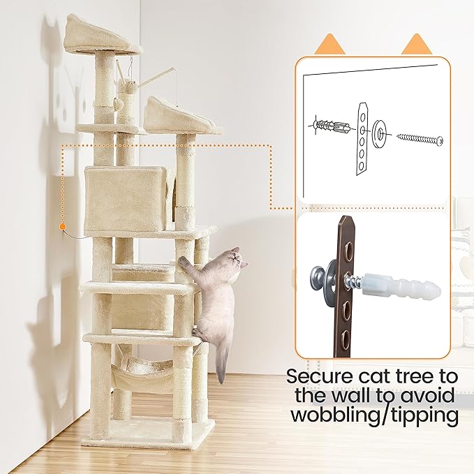 Topeakmart Cat Tree, 67in H Cat Tower for Indoor Cats, Multi-Level Climbing Tree with Scratching Posts Cat House w/Large Condo, Soft Hammock, Removable Cat Teaser Sticks, Beige