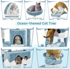 Yaheetech Cat Tree, 72.5inch Ocean-Themed Cat Tower, Multi-Level Large Cat Tree for Indoor Cats with Shark's Mouth Bed & 2 Big Condos & 2 Wide Perches & Funny Toys, Blue & White