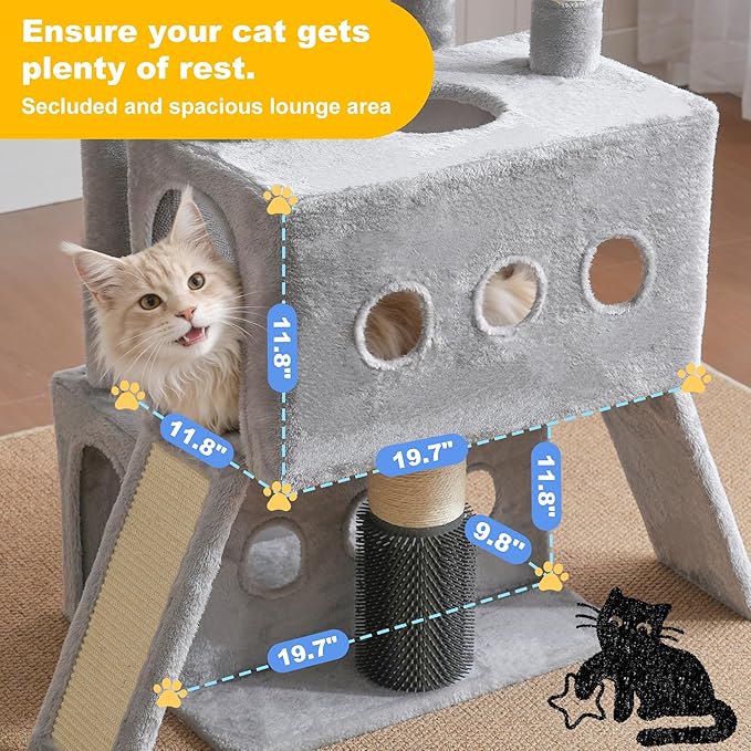 Hey-brother Cat Tree Tower, 71.5 Inches Scratching Posts with Extra Large Platform, 2 Cozy Condos, 2 Hammocks and Scratch Boards, Multi-Level House for Multiple Indoor Cats, Smoky Gray MPJ085W