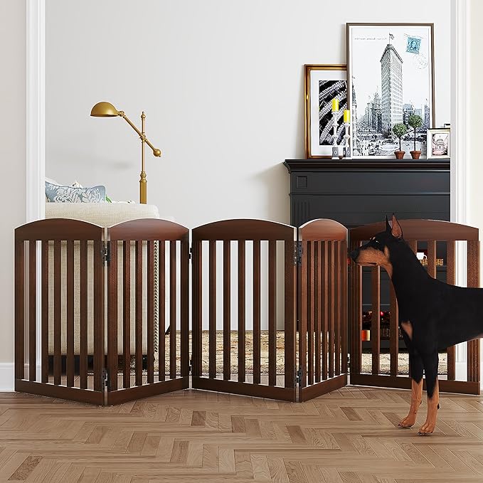 SPIRICH 120" Extra Wide 28" Tall Dog Gate Indoor, Dog Gates for Doorways, Stairs, The House, Wooden Freestanding Foldable Pet Gate, Step Over Puppy Safety Fence, 5 Panels, Brown