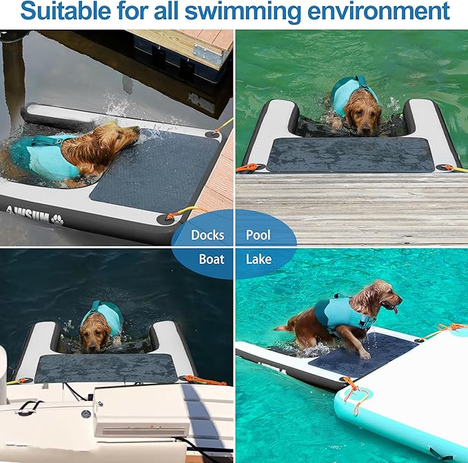 AWSUM Inflatable Dog Water Ramp Extra Large Dog Boat Ramp Floating for Dogs Up to Large 250LBS On Water Float Ladder Steps for Pool, Dock, Lake, Black/Grey