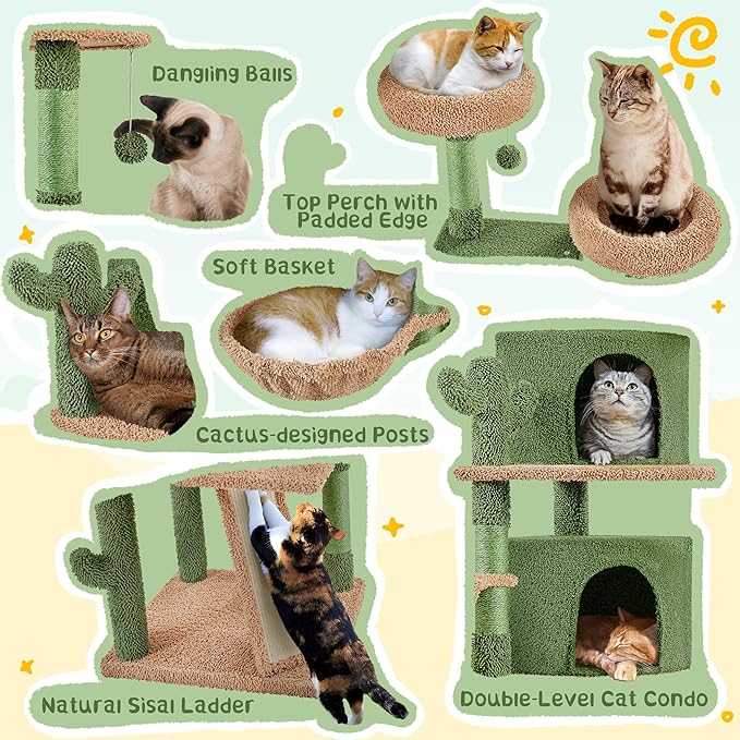 Yaheetech Cactus Cat Tree, 66?H Cat Tower for Indoor Cats, Multi-Level Cat Tree with Large Condos & Ramp, Pet Play House with Padded Perch, Platforms, Basket & Hanging Ball, Green/Brown