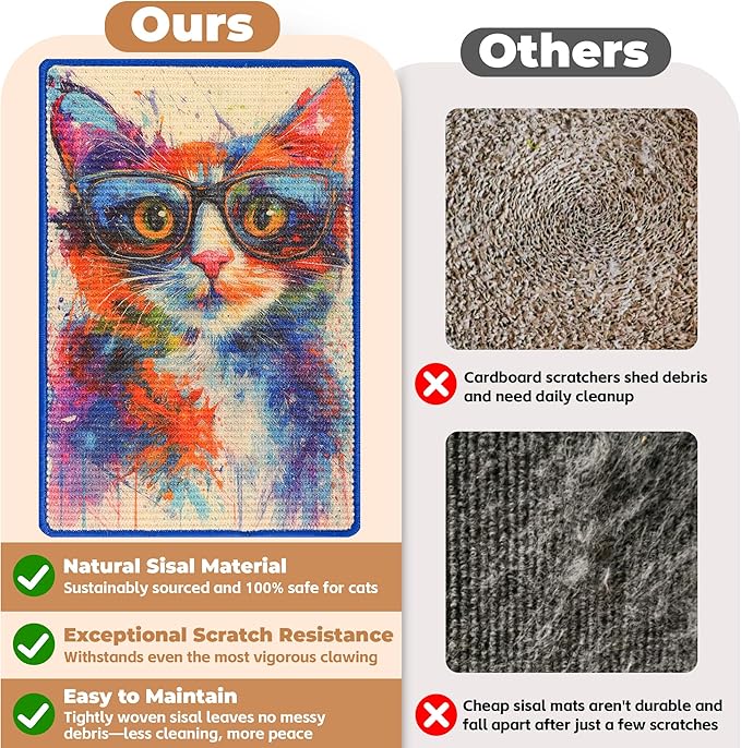 Sisal Cat Scratcher Mat, Cat Wall Scratcher for Indoor Cats, 23.6x15.7 Inch Cat Scratch Pad with Hook & Loop, Wall Mounted Cat Scratching Post to Protect Couch and Carpet（Graffiti Cat）