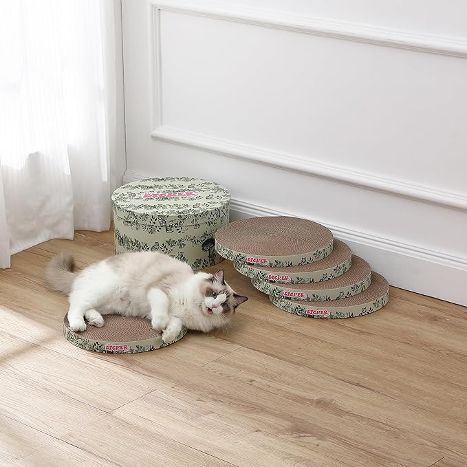CSR1012J Kate 12 Inch Cardboard Cat Scratcher Pads with Box & Catnip, Reversible Heavy-Duty Scratch Boards for Cats, Furniture Protection, Nature Cat Pattern, Green, 5-Pack