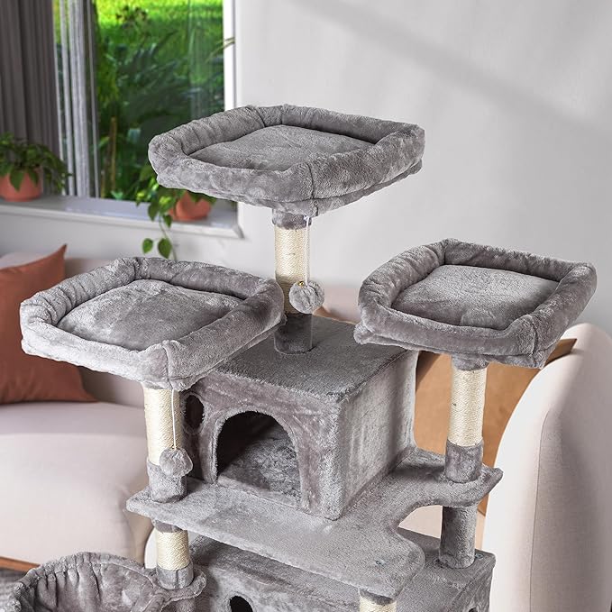 WEEWAY 68 Inches Multi-Level Large Cat Tree for Feline‌/Big Tower/Condo/Cozy Plush Kitty Perches/Fluffy Balls/Sisal Scratching Posts and Hammocks/Cave/Furniture Activity Center/Grey