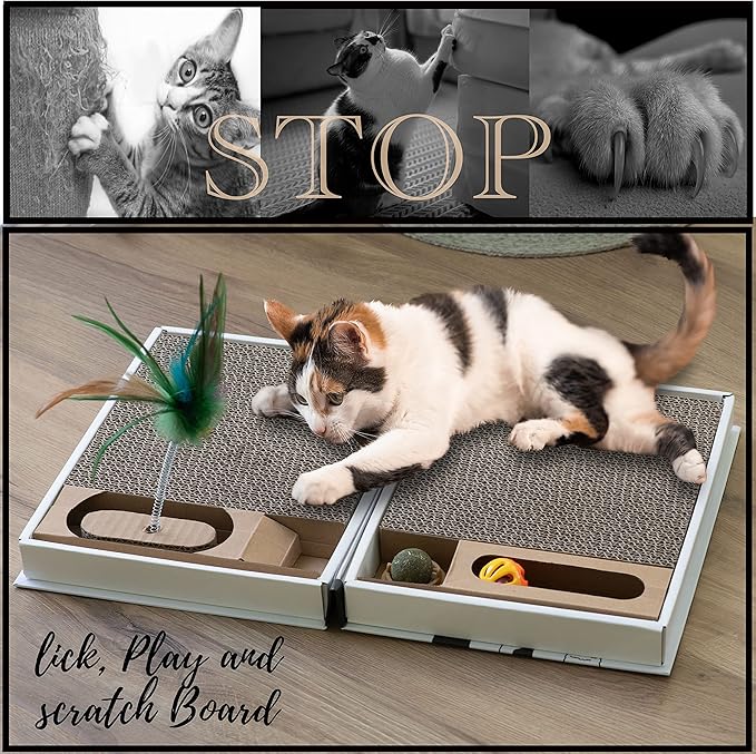 All-in-One Cat Scratcher Pad and Play Area, Foldable & Easy to Store Book-Shaped Cardboard with 2 Reversible & Replaceable PCs Dense Scratch Pad Cat/Kitten,with Cat Ball/Cat Feather Toy & Catnip Ball
