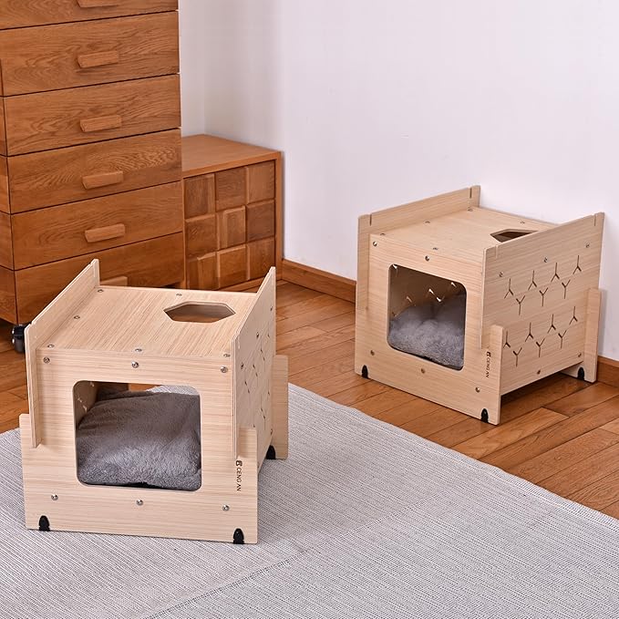 Wooden Cat Condo with Cushion,Cat Bed,Natural Wood Cat Tower with Scratching Post,Multi-Level Cat Tree House (CB-001)
