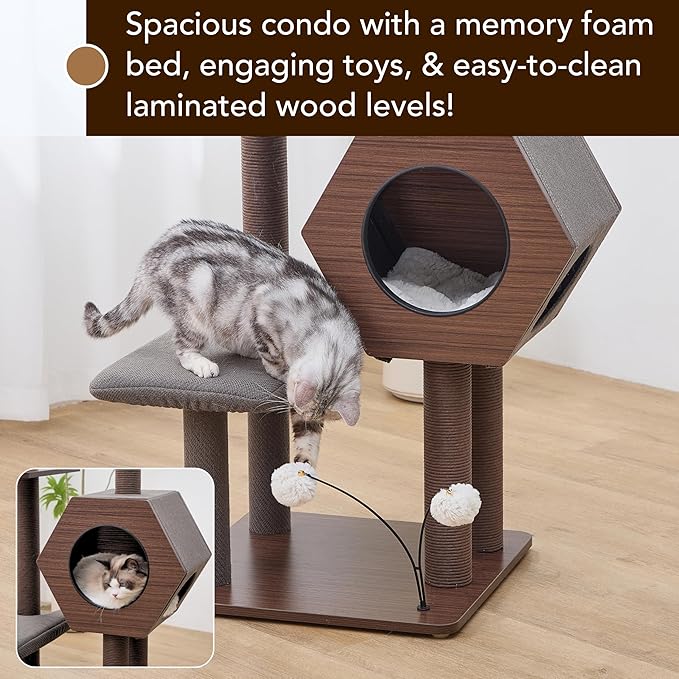 PetPals 5-Level 46.4” Mid-Century Modern Cat Tree with Hexagon Condo, Replaceable Recycled Paper Rope Scratchers, Washable Bed&Toys, Quick Assembly, Ideal for Medium Cats,Dark Brown